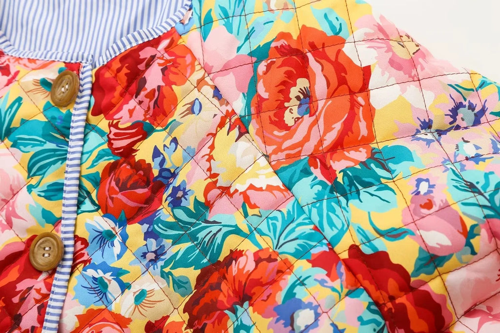 Bold Rose Print Quilted Collarless Jacket - Floral - 6