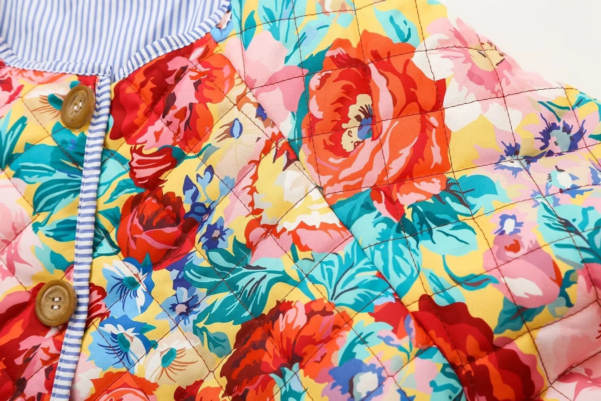 Bold Rose Print Quilted Collarless Jacket - Floral - 6