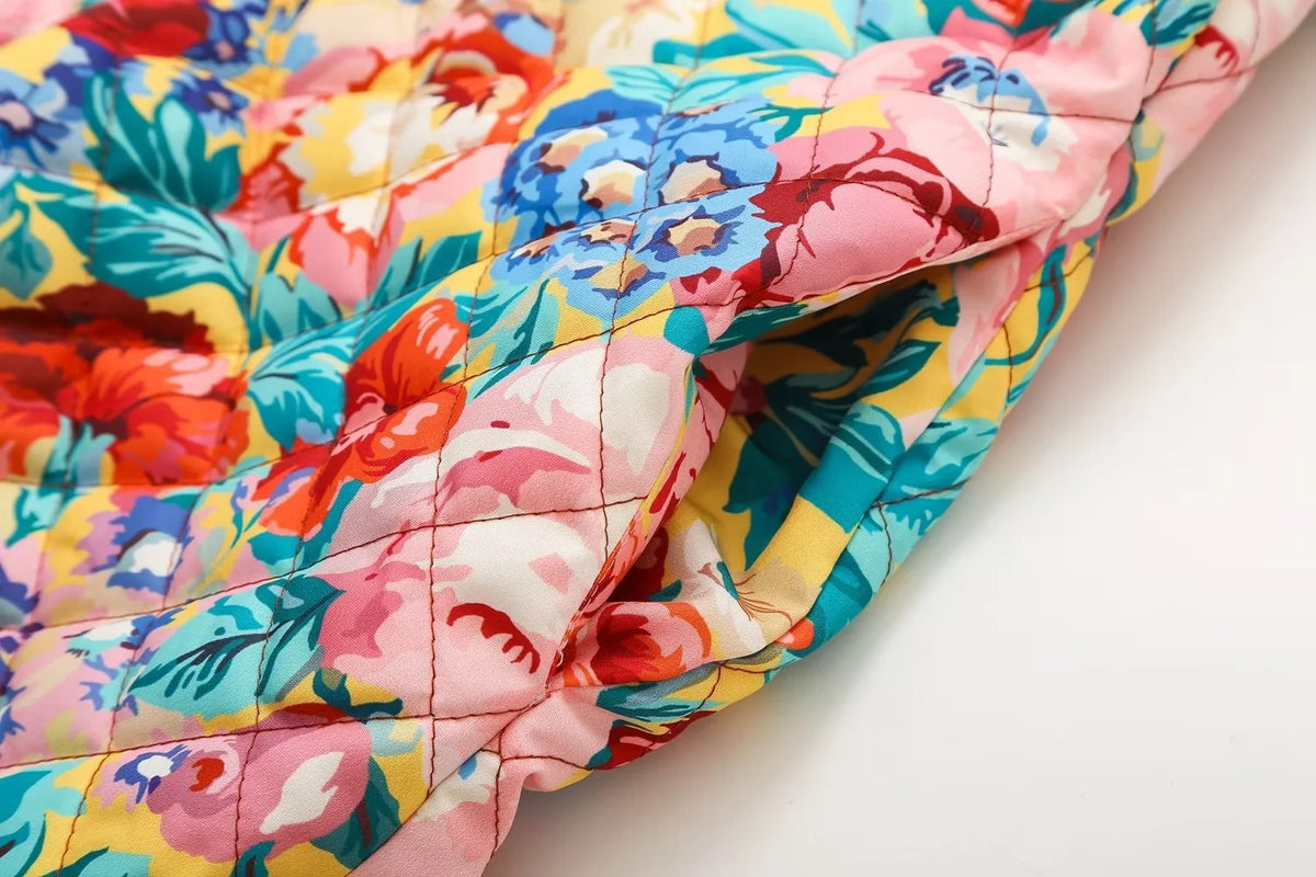 Bold Rose Print Quilted Collarless Jacket - Floral - 9