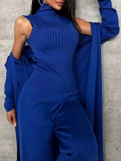 Ribbed Knit Three Piece Duster And Pant Set - Blue