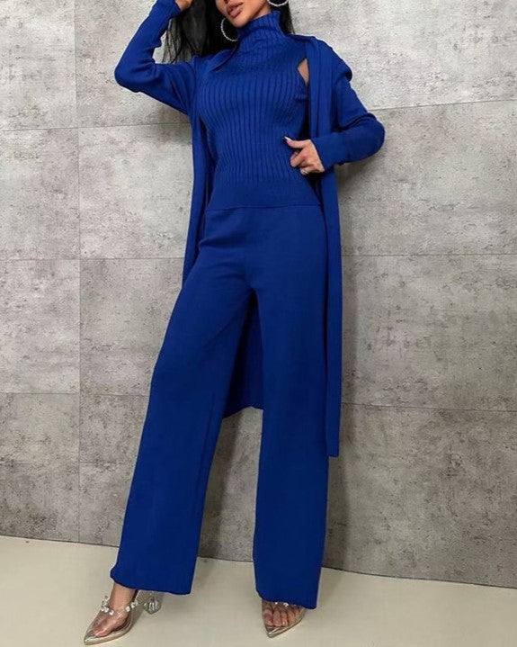 Ribbed Knit Three Piece Duster And Pant Set - Blue - 1