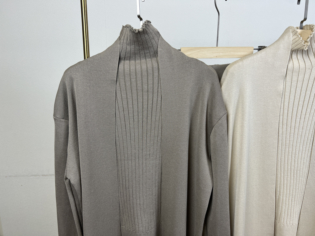 Ribbed Knit Three Piece Duster And Pant Set - Capers - 1