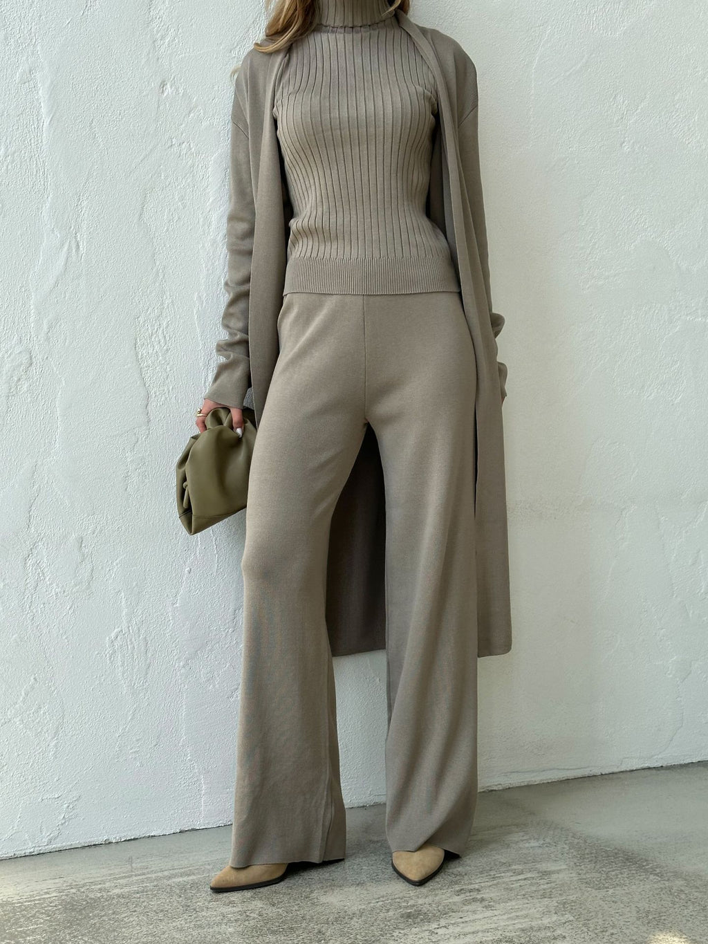 Ribbed Knit Three Piece Duster And Pant Set - Capers - 2