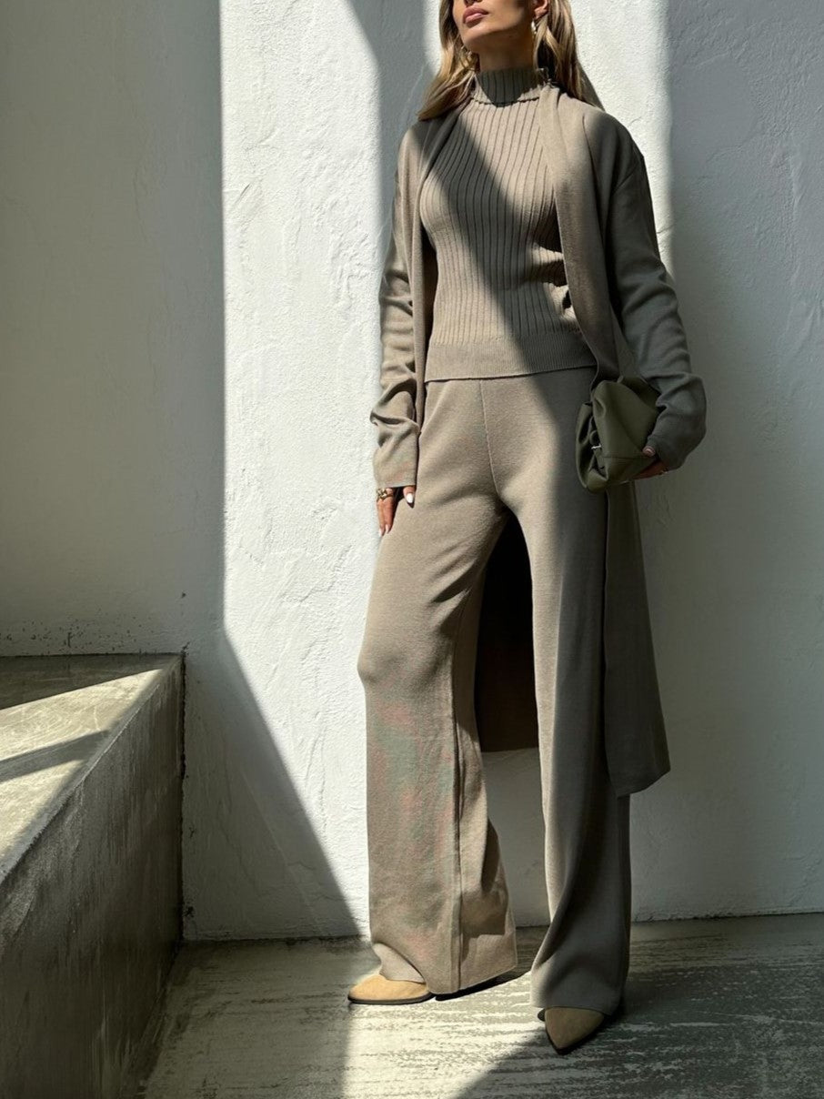 Ribbed Knit Three Piece Duster And Pant Set - Capers - 4