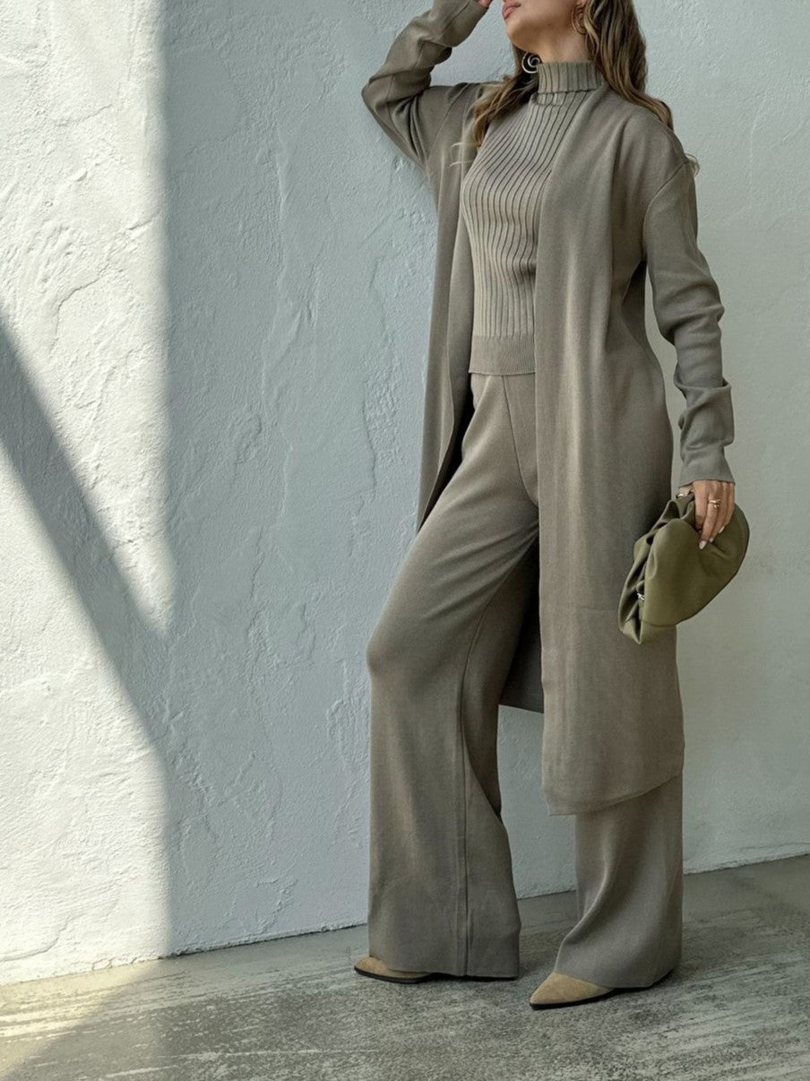 Ribbed Knit Three Piece Duster And Pant Set - Capers - 5