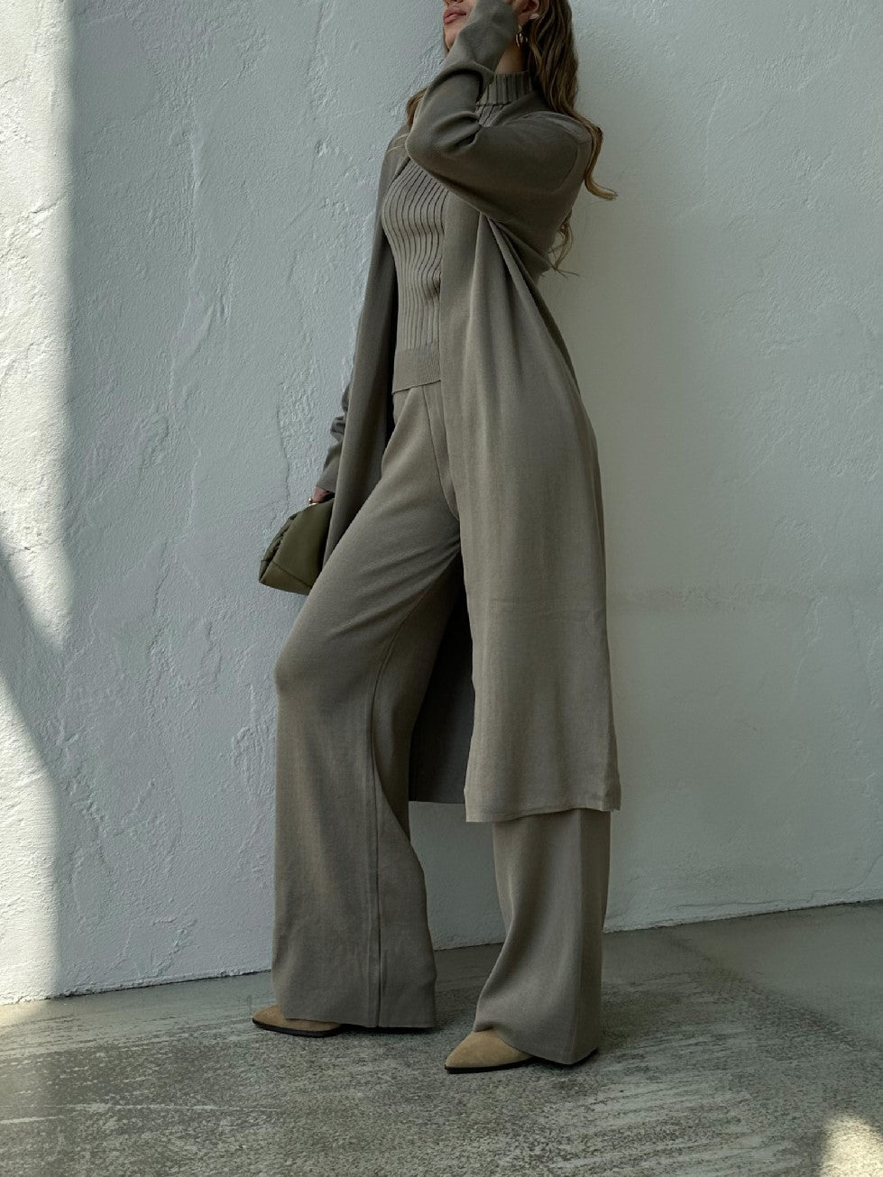 Ribbed Knit Three Piece Duster And Pant Set - Capers - 6