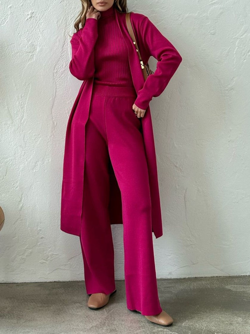 Ribbed Knit Three Piece Duster And Pant Set - Hot_pink - 1
