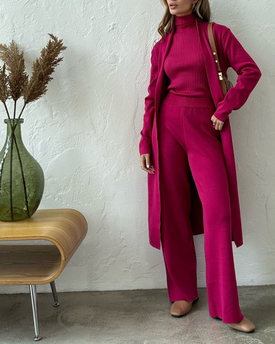 Ribbed Knit Three Piece Duster And Pant Set - Hot_pink - 2