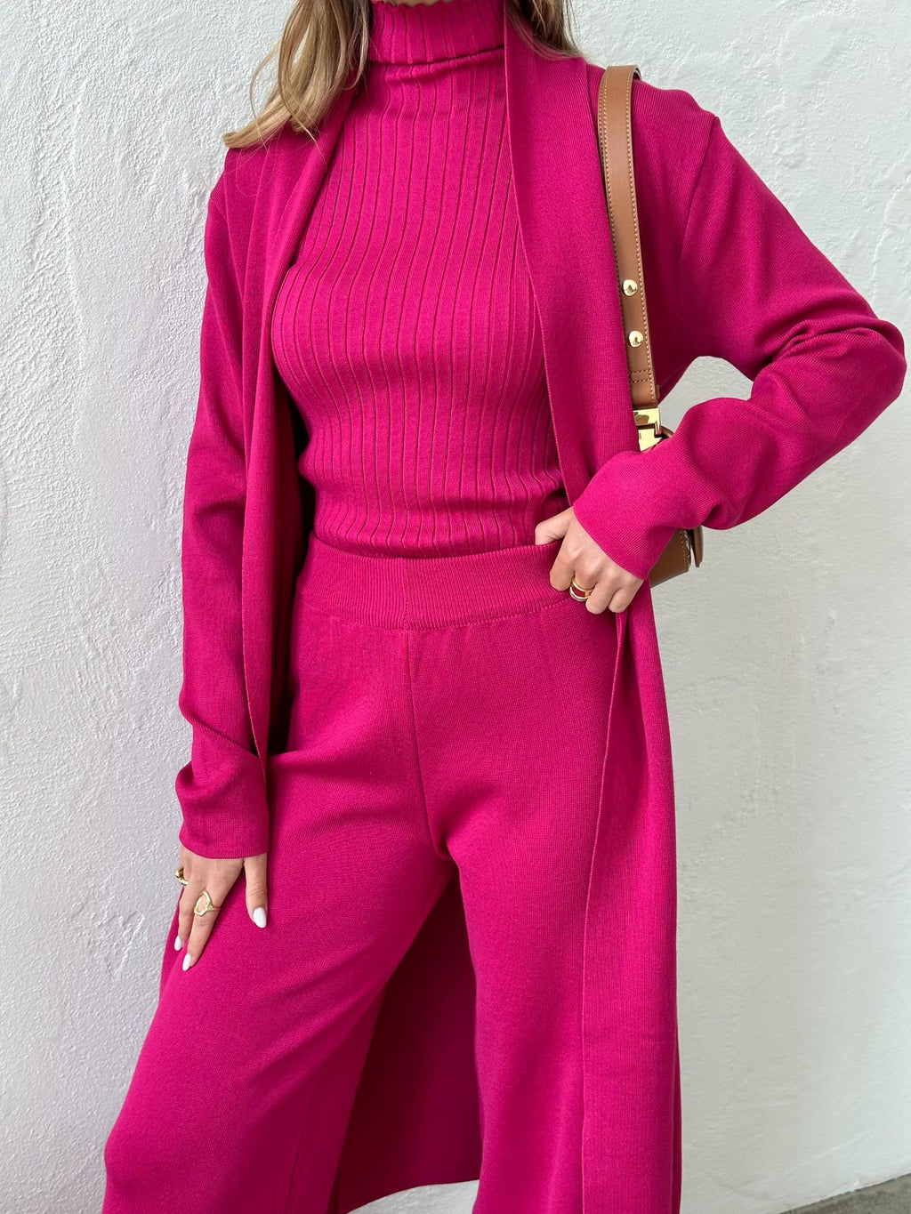 Ribbed Knit Three Piece Duster And Pant Set - Hot_pink - 3
