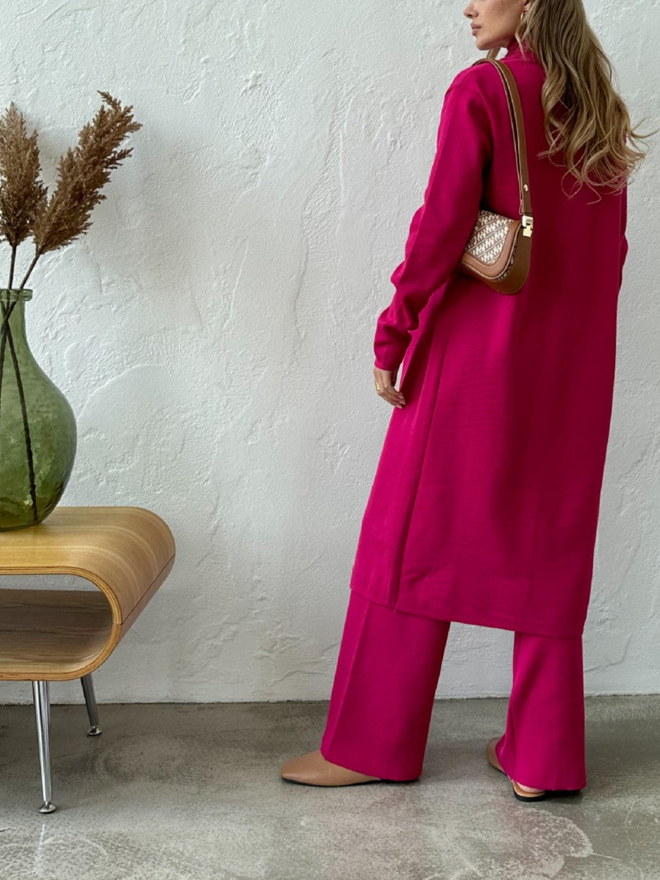 Ribbed Knit Three Piece Duster And Pant Set - Hot_pink - 5