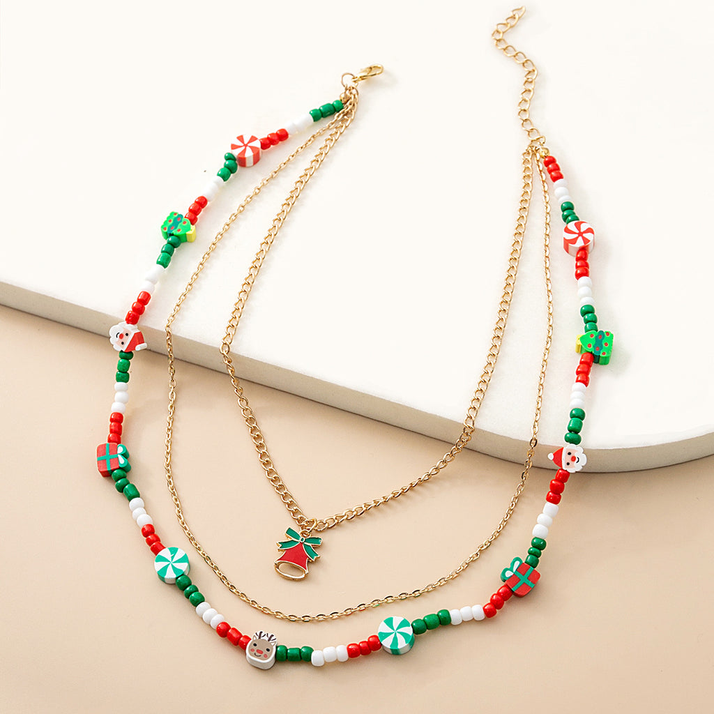 Layered Beaded Choker and Charm Necklace - Bell