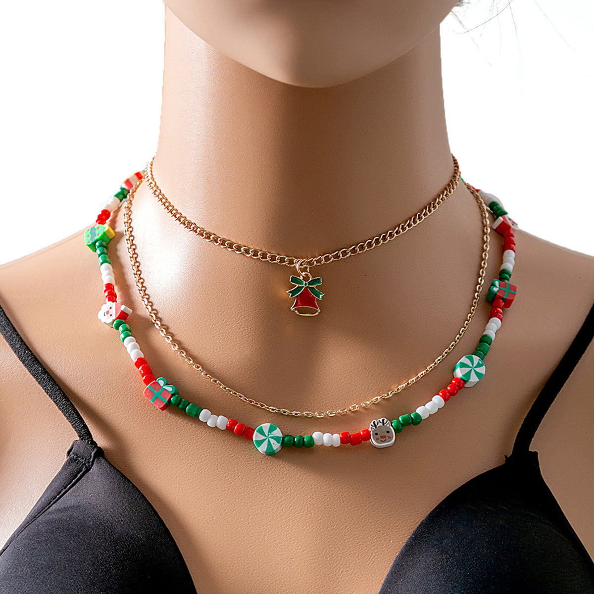 Layered Beaded Choker and Charm Necklace - Bell - 2