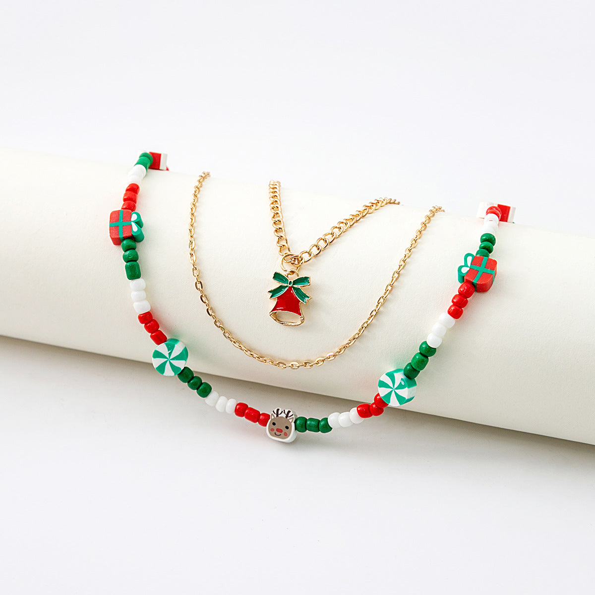 Layered Beaded Choker and Charm Necklace - Bell - 3