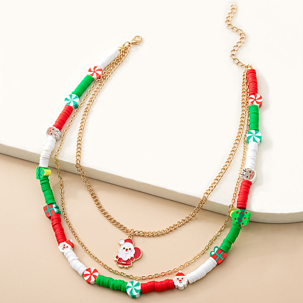 Layered Beaded Choker and Charm Necklace - Santa