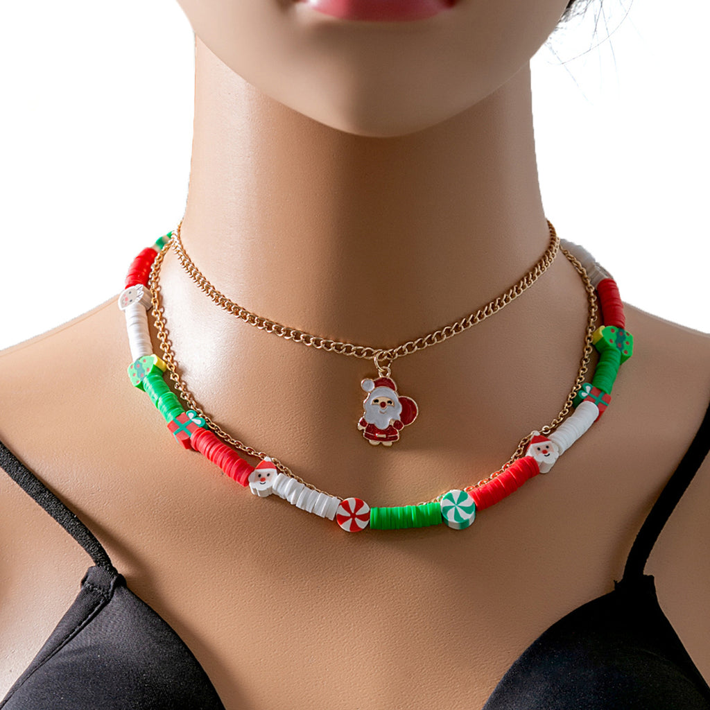 Layered Beaded Choker and Charm Necklace - Santa - 2