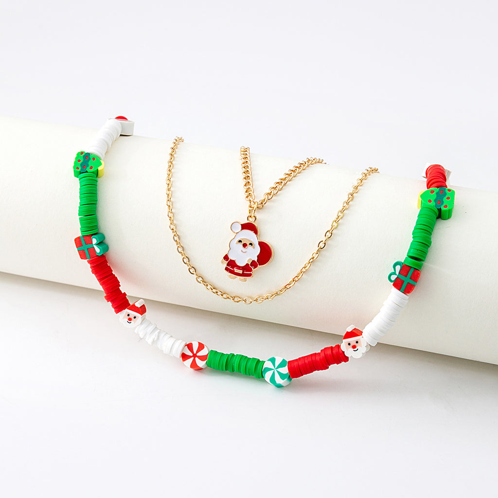 Layered Beaded Choker and Charm Necklace - Santa - 3