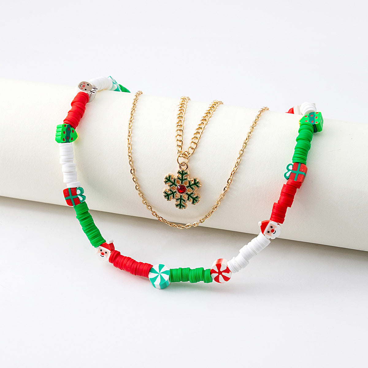 Layered Beaded Choker and Charm Necklace - Snowflakes - 2