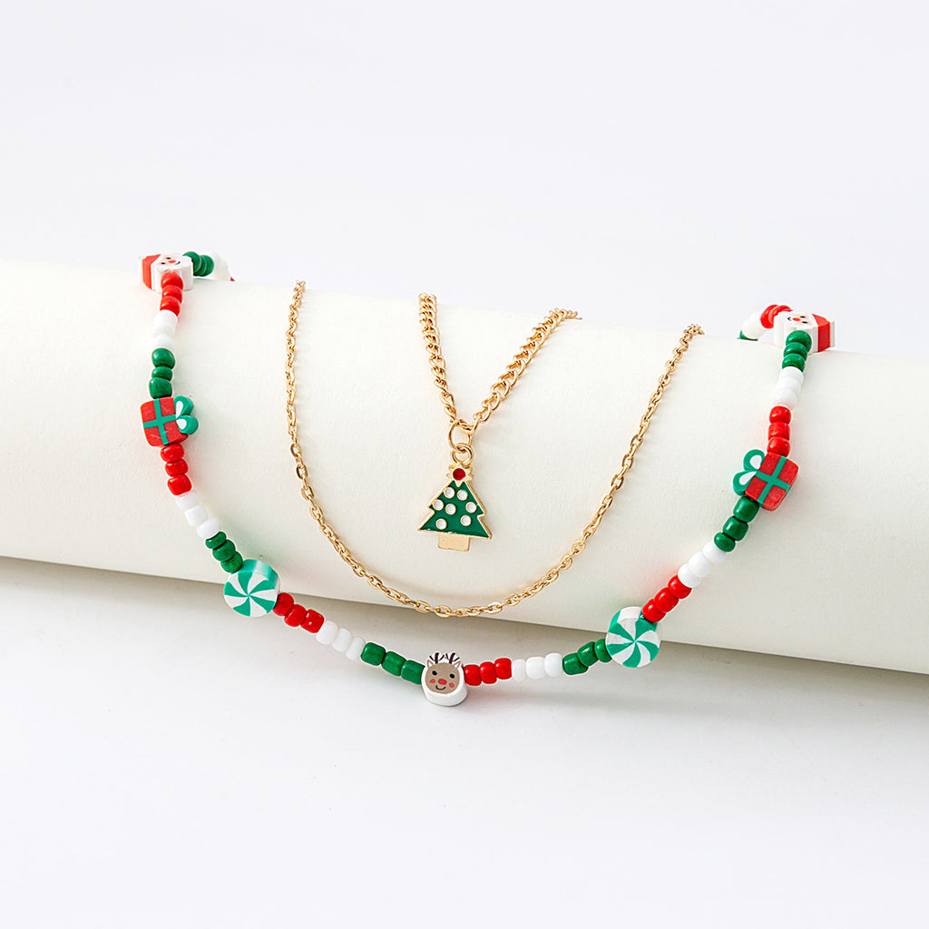 Layered Beaded Choker and Charm Necklace - Tree