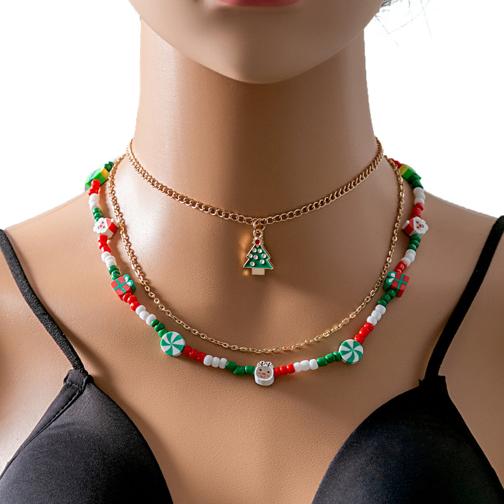 Layered Beaded Choker and Charm Necklace - Tree - 2