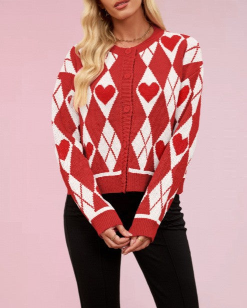 Heart Argyle Crew Neck Knit Cardigan - Red