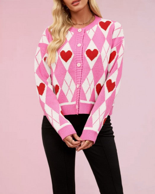 Heart Argyle Crew Neck Knit Cardigan - Rose-Red - 1