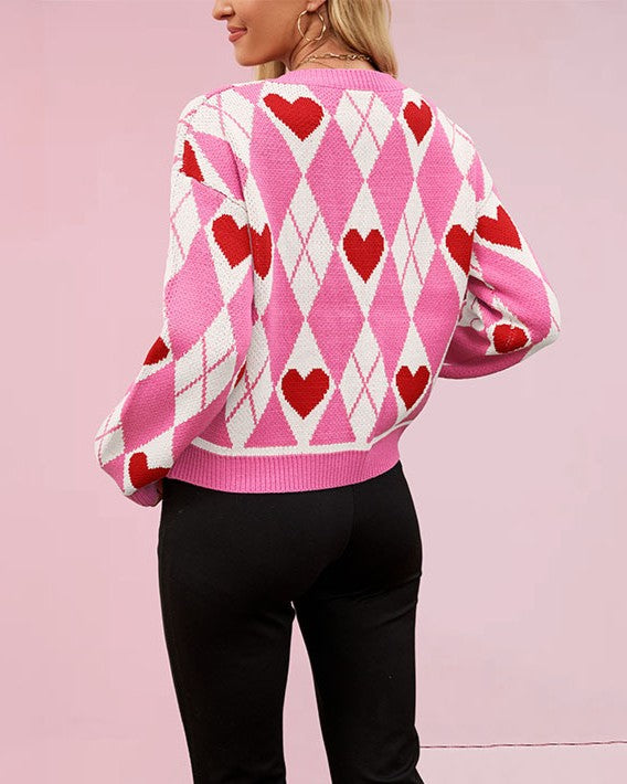Heart Argyle Crew Neck Knit Cardigan - Rose-Red - 2