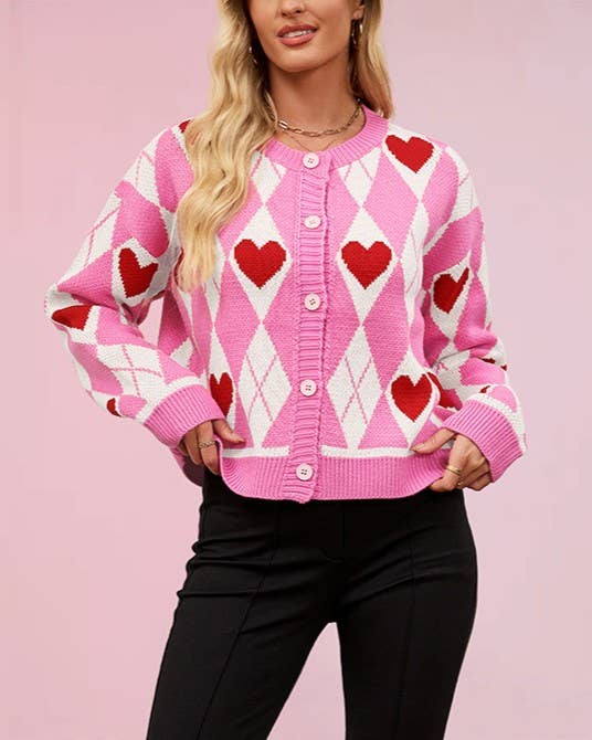 Heart Argyle Crew Neck Knit Cardigan