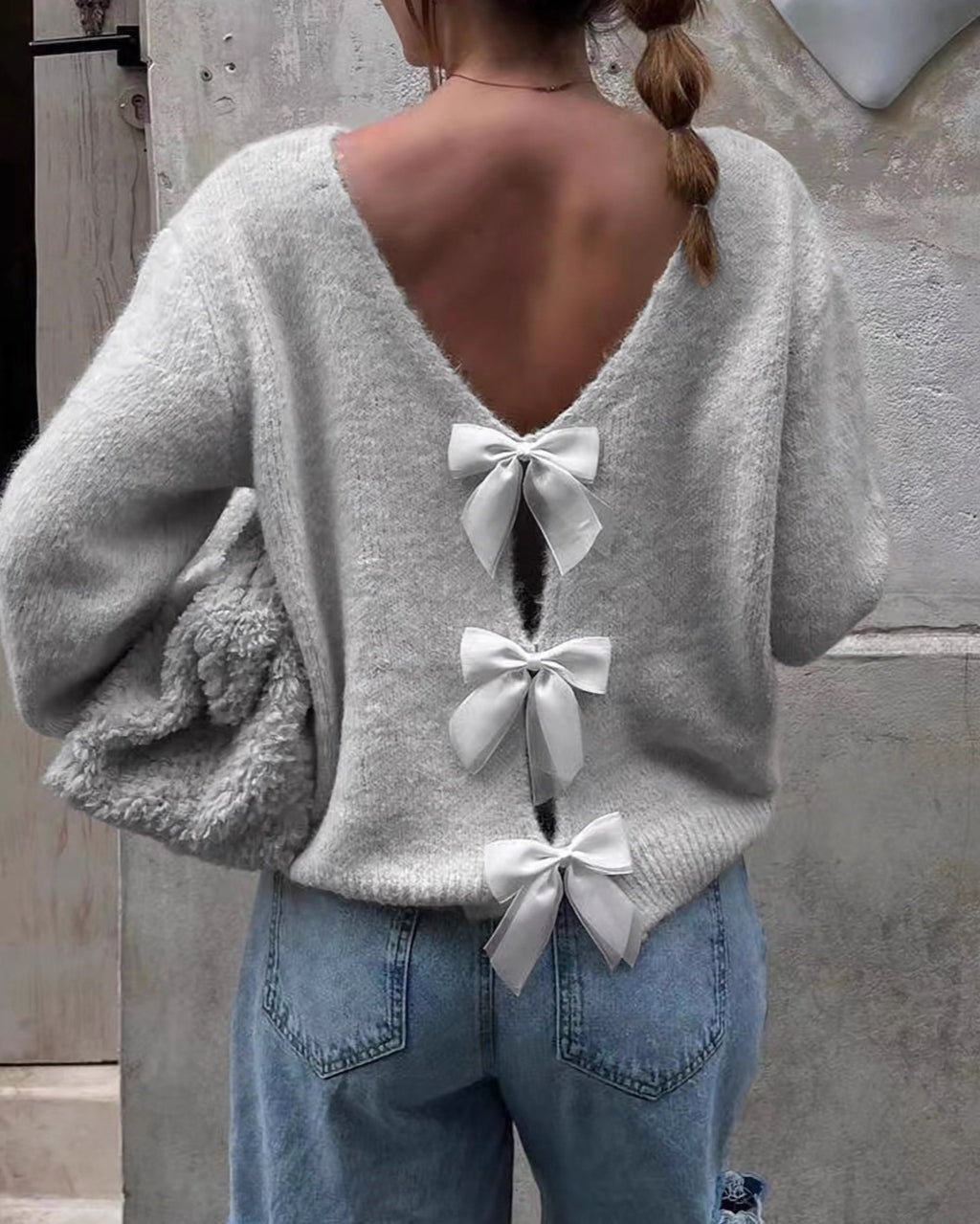 Bow Tie Back Soft Knit Cardigan - Grey
