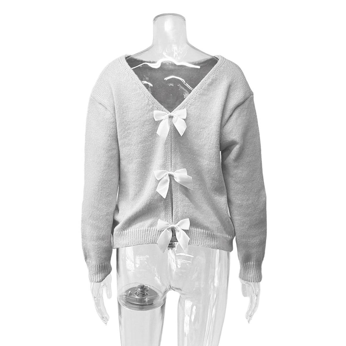 Bow Tie Back Soft Knit Cardigan - Grey - 2