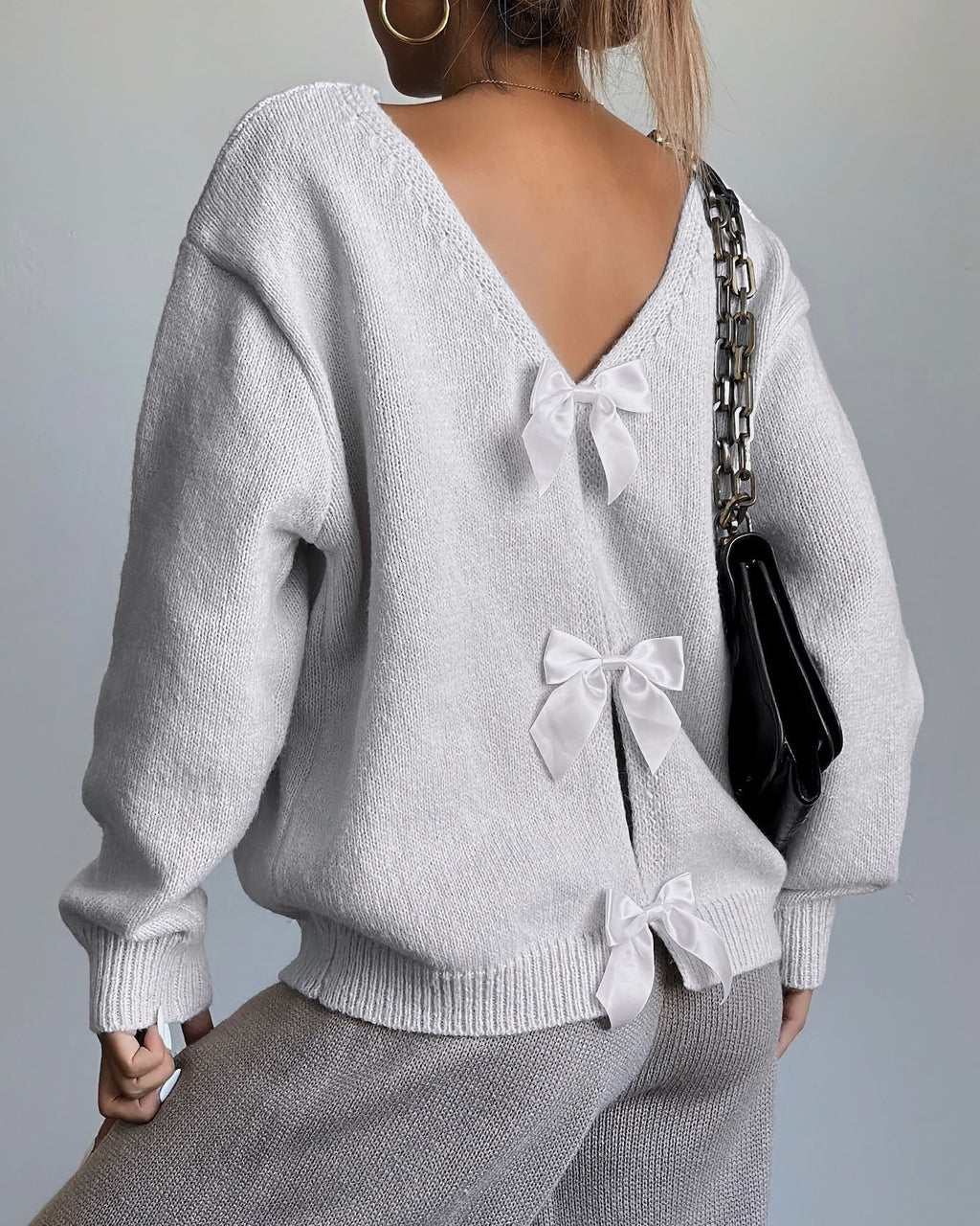 Bow Tie Back Soft Knit Cardigan - Grey - 5