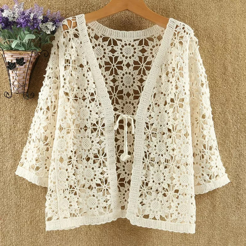 Openwork Crochet Tie Front Cardigan - Apircot