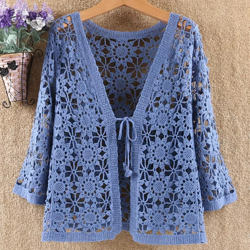 Openwork Crochet Tie Front Cardigan - Blue