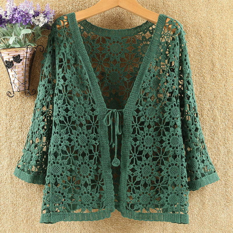 Openwork Crochet Tie Front Cardigan - Green