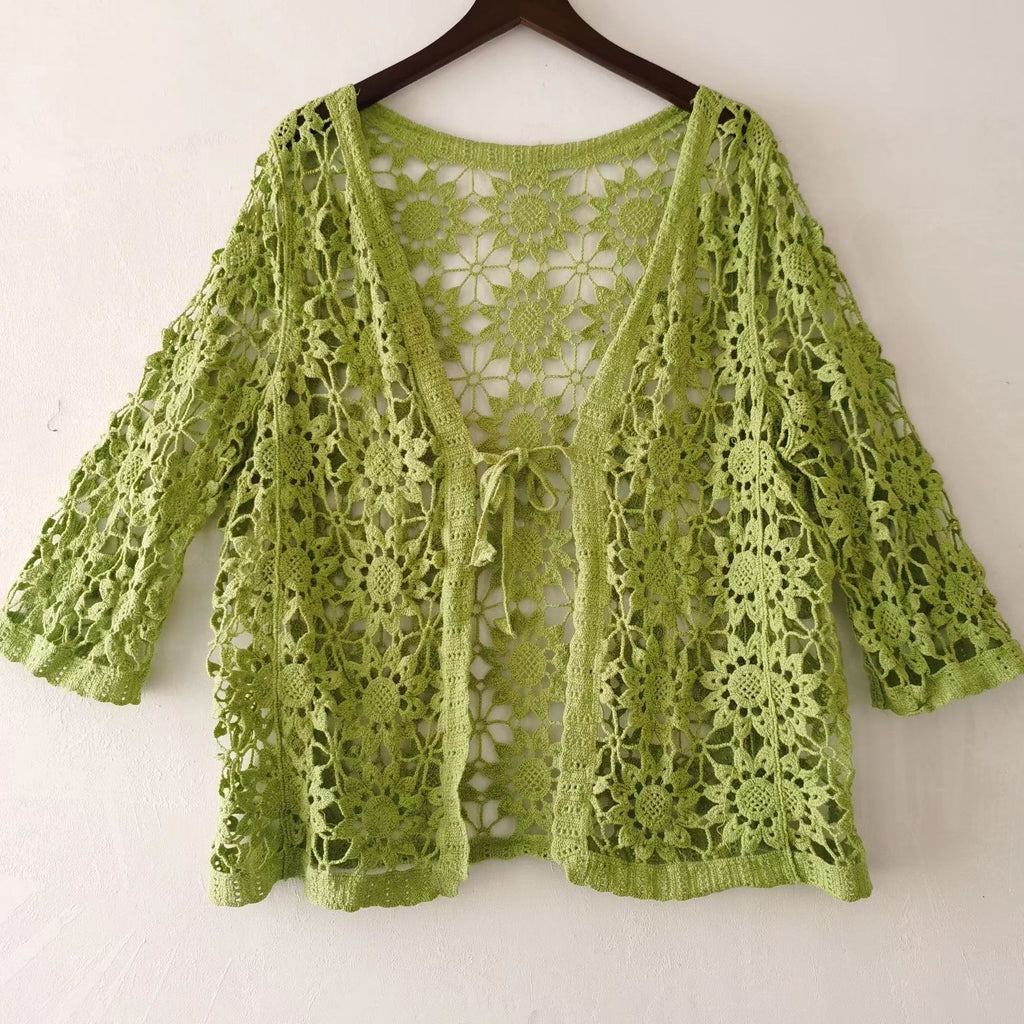 Openwork Crochet Tie Front Cardigan - Matcha