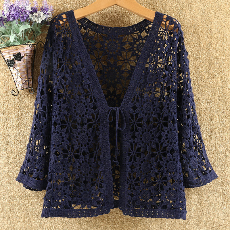 Openwork Crochet Tie Front Cardigan - Navy