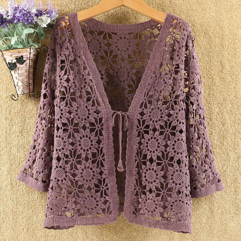 Openwork Crochet Tie Front Cardigan - Purple