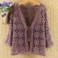 Openwork Crochet Tie Front Cardigan - Purple