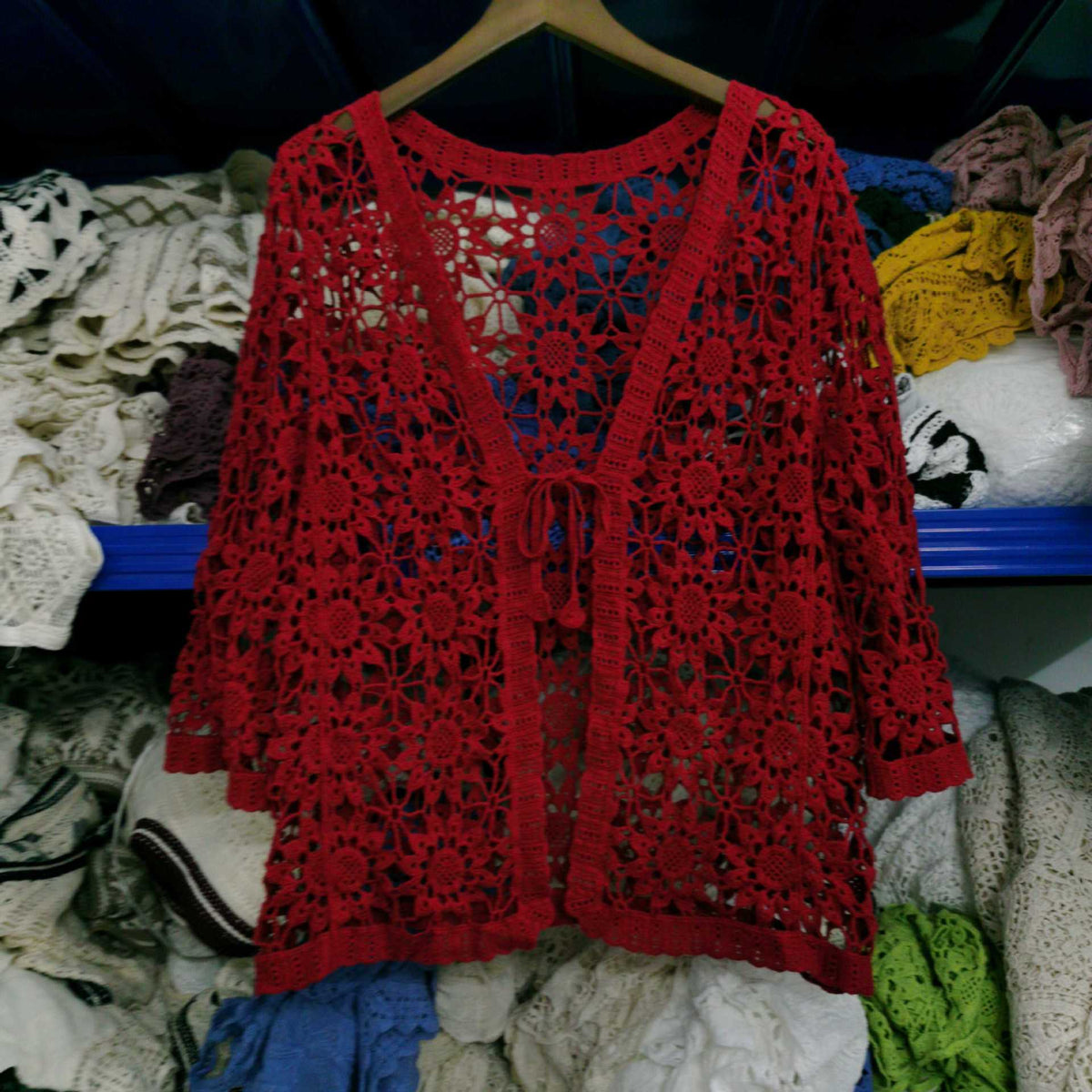 Openwork Crochet Tie Front Cardigan - Red