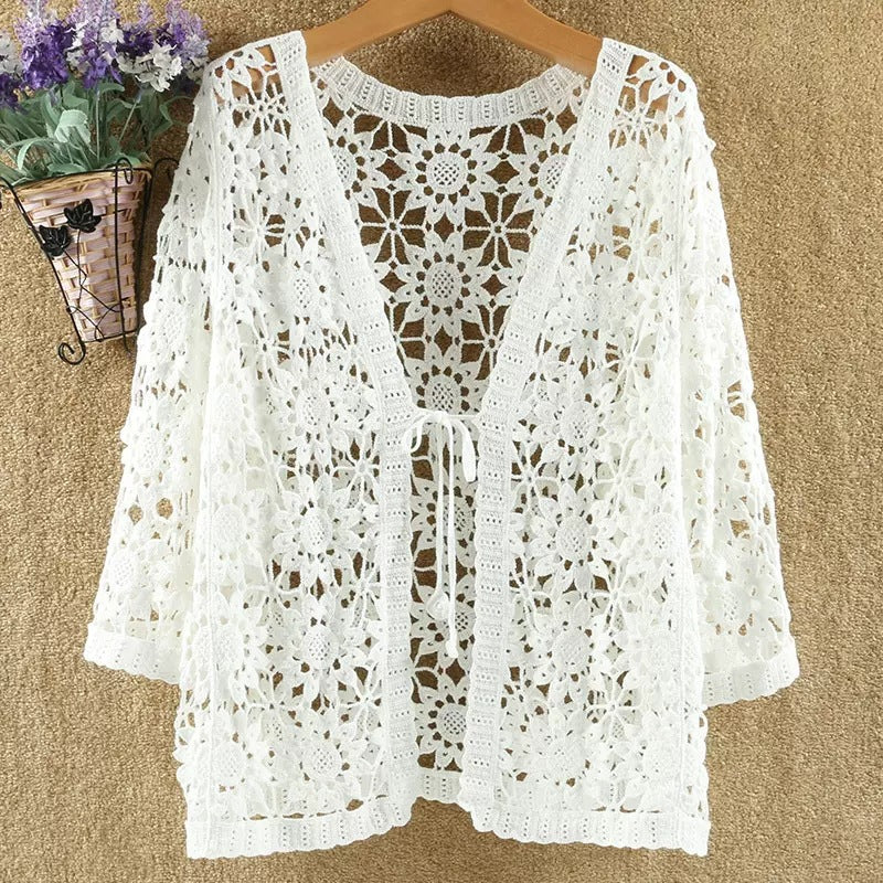 Openwork Crochet Tie Front Cardigan - White