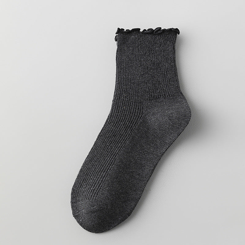 Contrast Lettuce Trim Ribbed Ankle Socks - DarkGrey