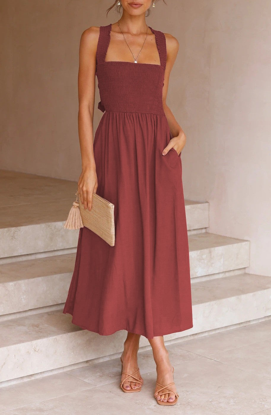 Square Neck Cross Back Smocked Midi Dress - brown