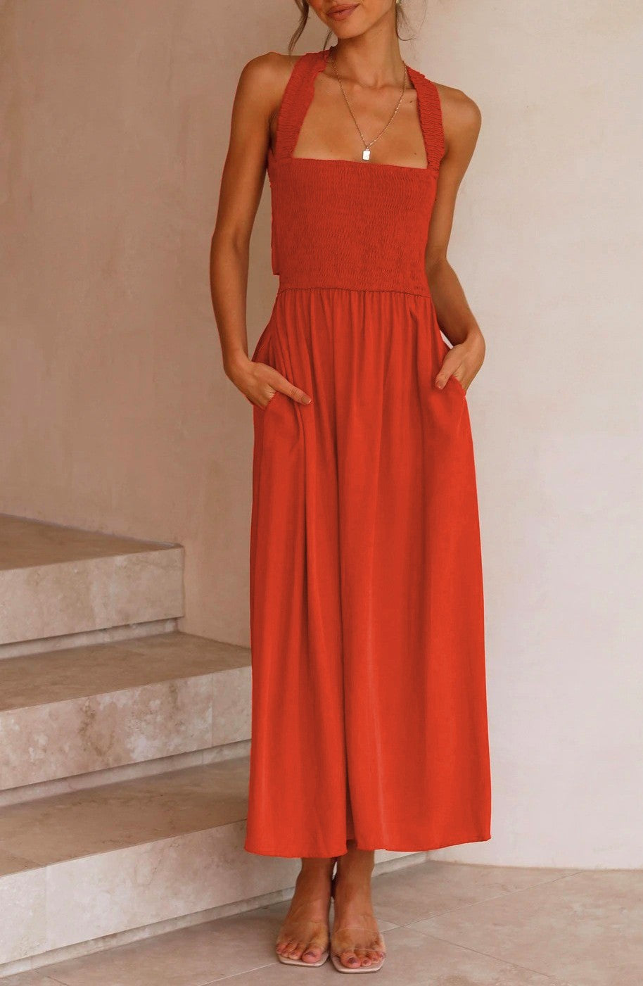 Square Neck Cross Back Smocked Midi Dress - orange