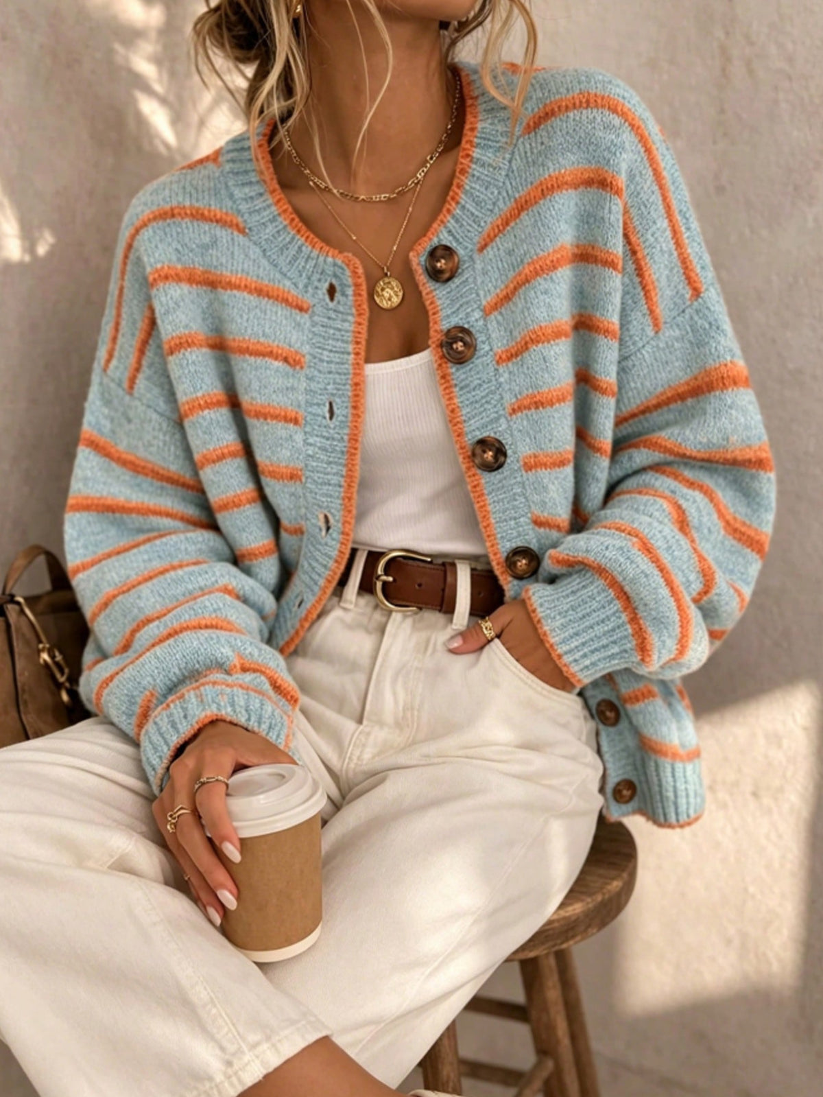 Contrast Stripe Button Front Knit Cardigan - Blue