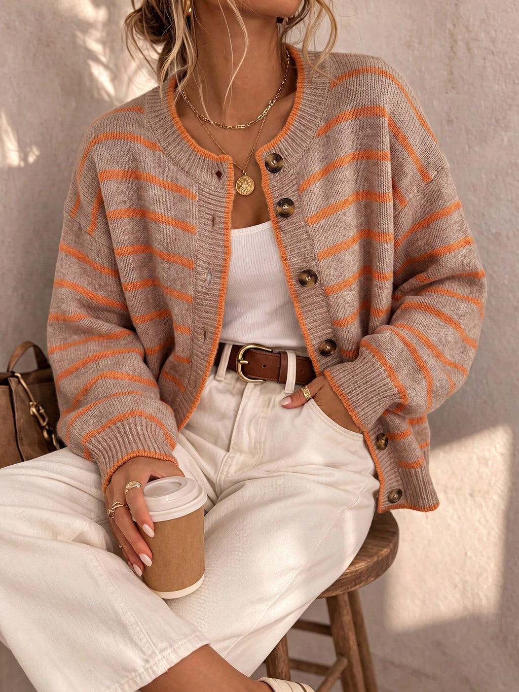 Contrast Stripe Button Front Knit Cardigan - Coffee