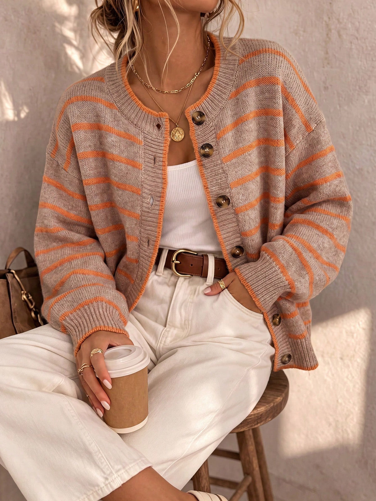 Contrast Stripe Button Front Knit Cardigan - Coffee