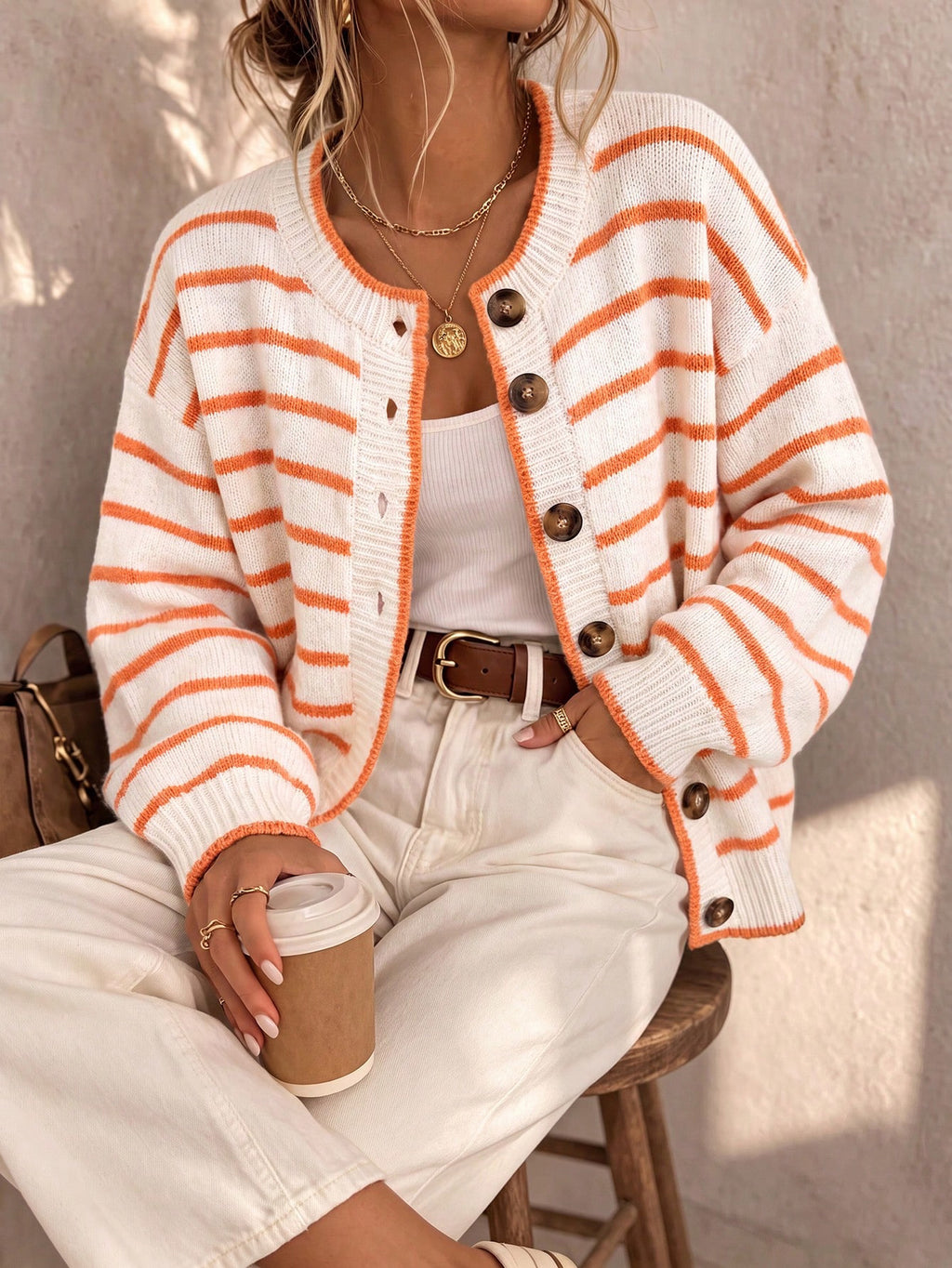 Contrast Stripe Button Front Knit Cardigan - White
