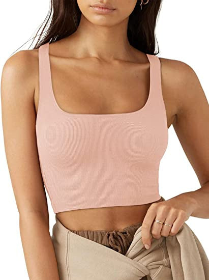 Ribbed Square Neck Cropped Vest - Pink