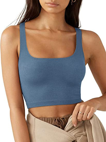 Ribbed Square Neck Cropped Vest - blue