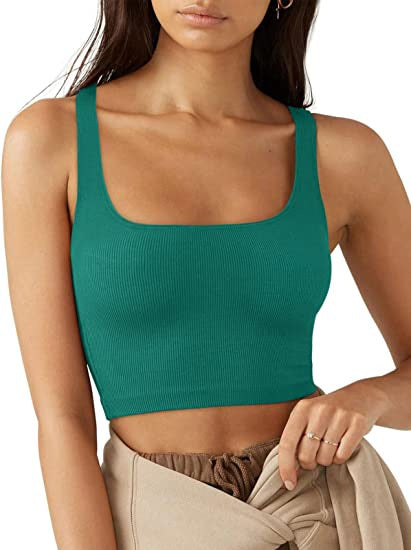 Ribbed Square Neck Cropped Vest - green