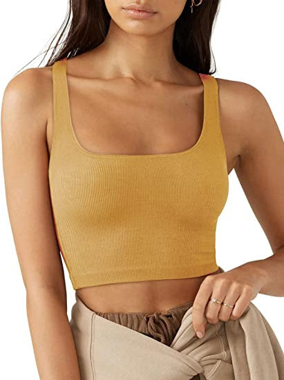 Ribbed Square Neck Cropped Vest - yellow